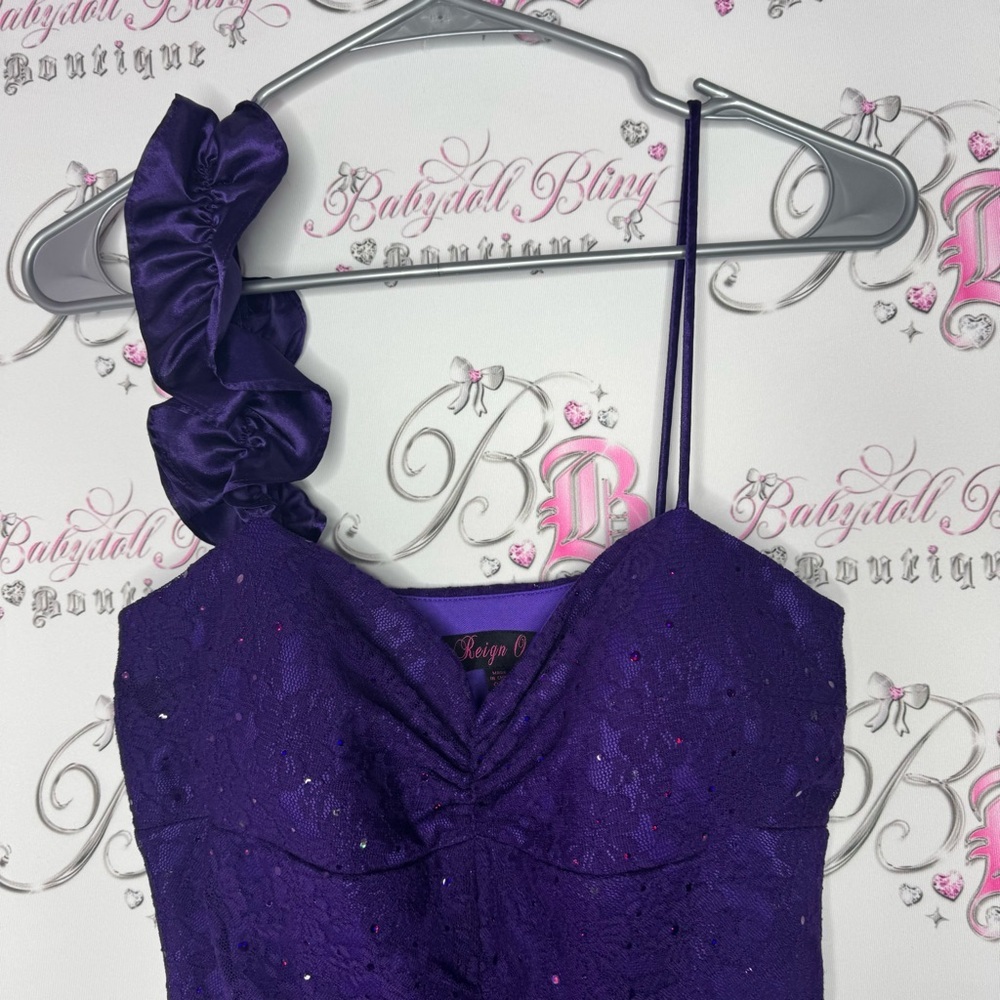 Reign on dress fancy sparkly rutched purple ball gown formal open slit mermaid - Picture 3 of 16